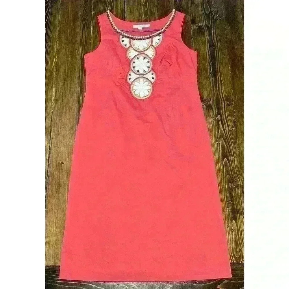 Boden Shift Dress Beaded Floral Embroidered Pink Sz 10L Sleeveless